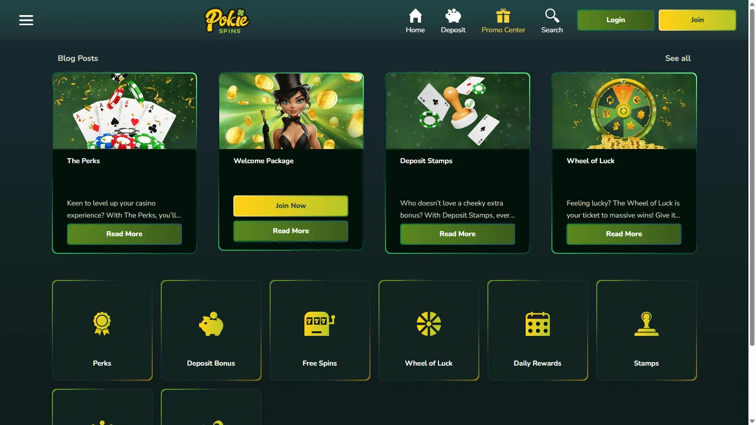 Pokie Spins Casino desktop promotions view