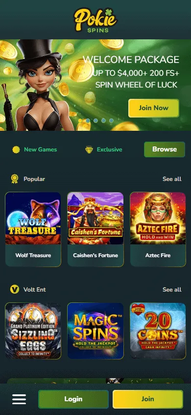 Pokie Spins Casino mobile home view